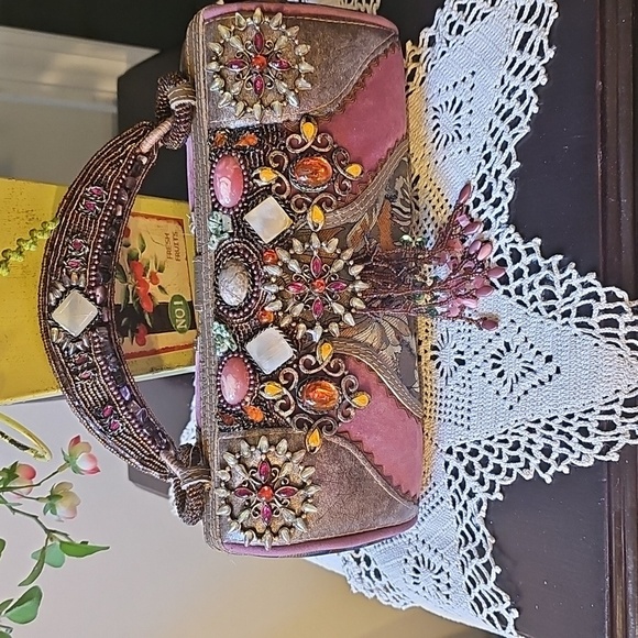 Vintage Mary Frances Stone Embellished Pink and Brown Women's Evening Clutch - Picture 1 of 16